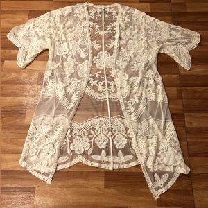 She + Sky cream/ivory lace long midi kimono cardigan flowy boho coverup-size m/l